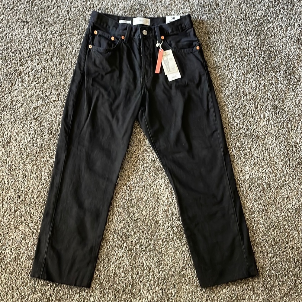 MANGO straight fit raw hem cropped high rise black jeans Sz 6 NWT